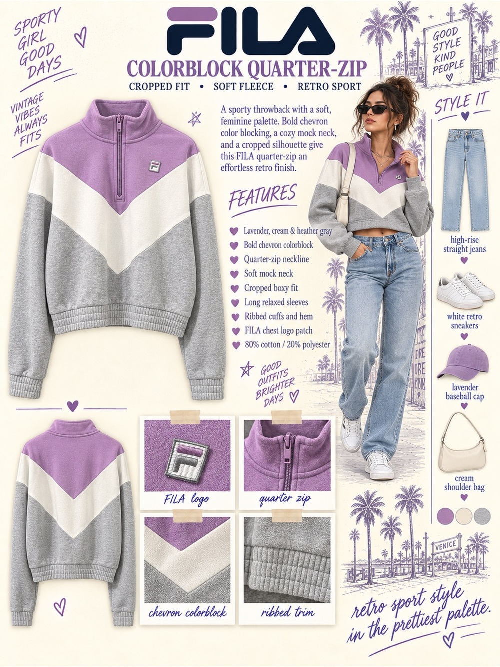 FILA Lavender, Cream & Heather Gray Colorblock Quarter‑Zip Pullover